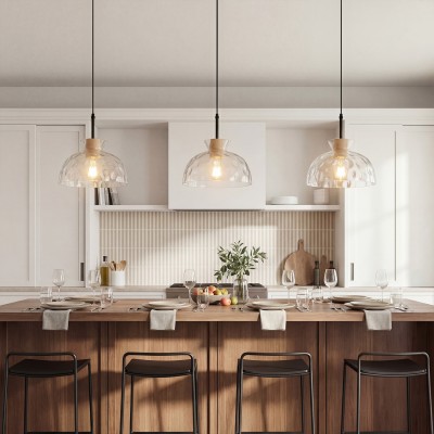 Kethor Mid Century Wood Hammered Glass Dome Pendant Light