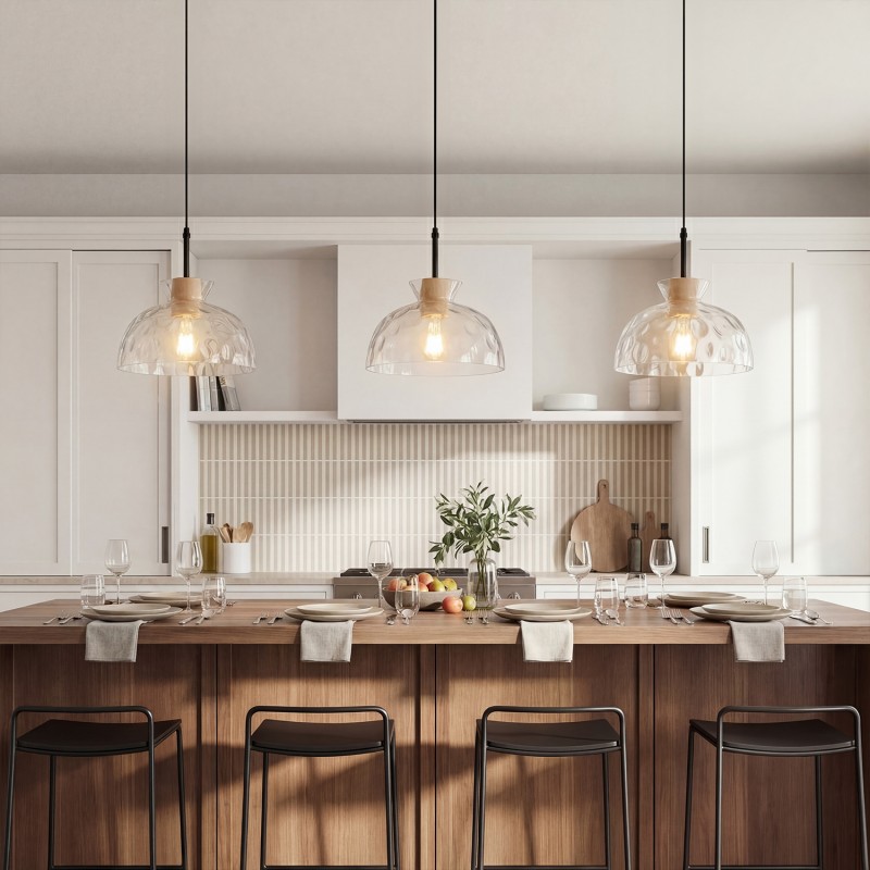 Kethor Mid Century Wood Hammered Glass Dome Pendant Light