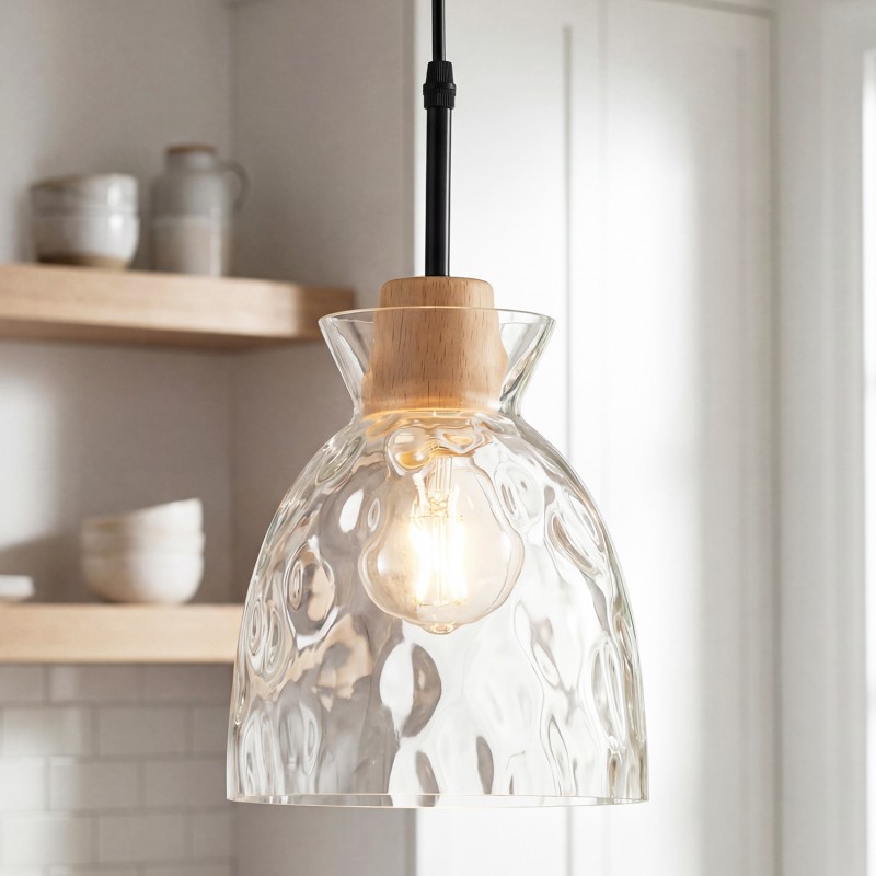 Kethor Mid Century Wood Hammered Glass Dome Pendant Light