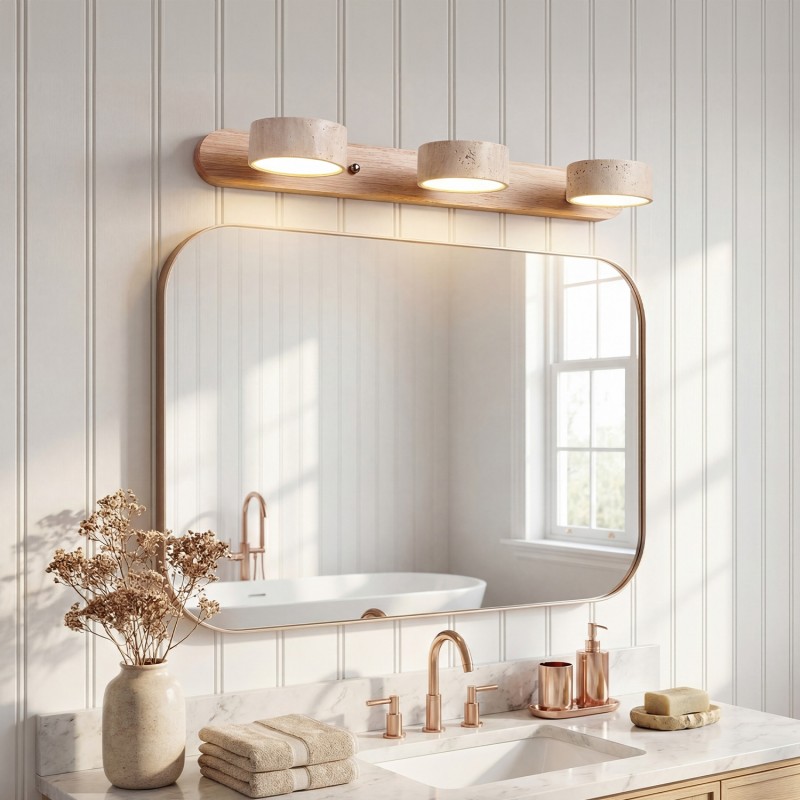 Benjamin Rustic Adjustable Travertine Wood Led Vanity Sconce