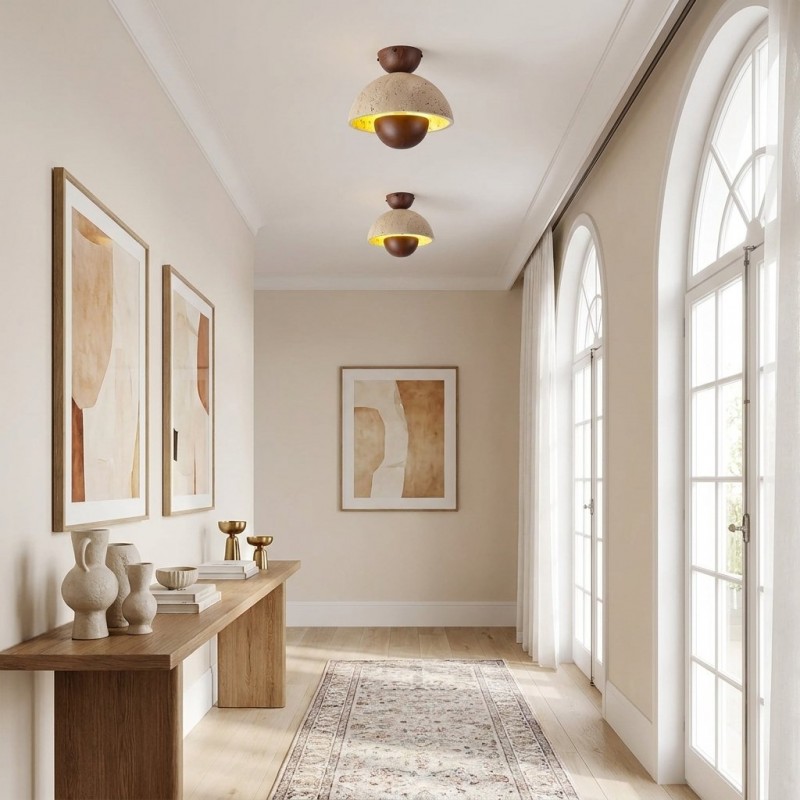 Elrick Mid-Century Travertine Wood Dome Ceiling Light