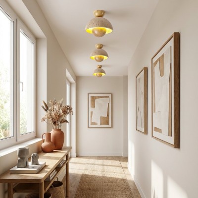 Elrick Mid-Century Travertine Wood Dome Ceiling Light