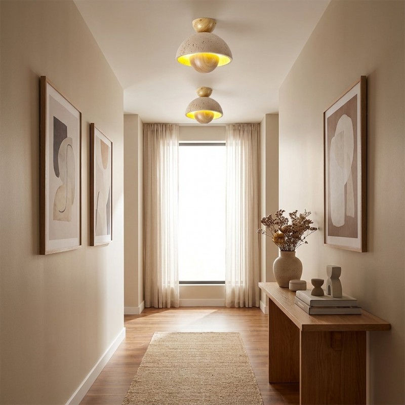 Elrick Mid-Century Travertine Wood Dome Ceiling Light