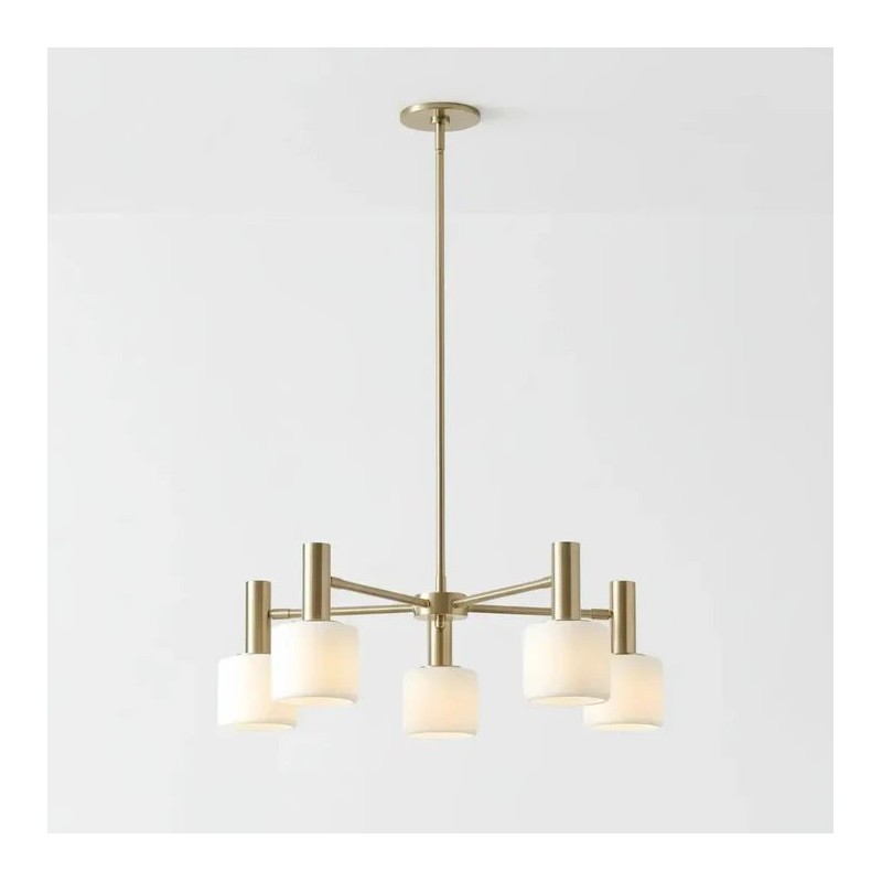Aura Mid-Century Brass Porcelain Cylinder Chandelier