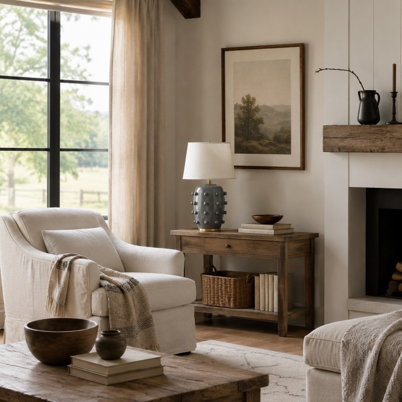 Adrian Modern Farmhouse Ceramic Linen Textured Ball Table Light