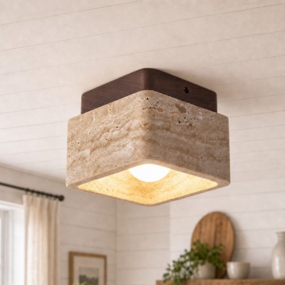 Stella Wabi Sabi Square Travertine Wood Mount Ceiling Light