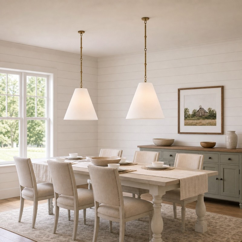 Felix Antique Brass-Finish White Fabric Cone Pendant Light
