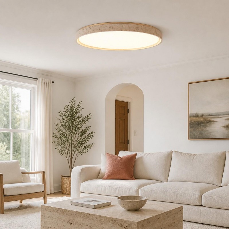 Veyran Minimalist Travertine Round LED Flush Mount Ceiling Light
