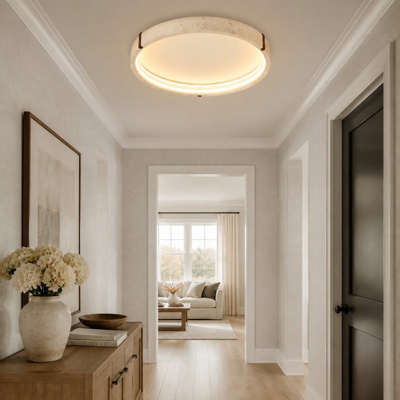 Anouk Modern Round Travertine LED Flush Mount Ceiling Light