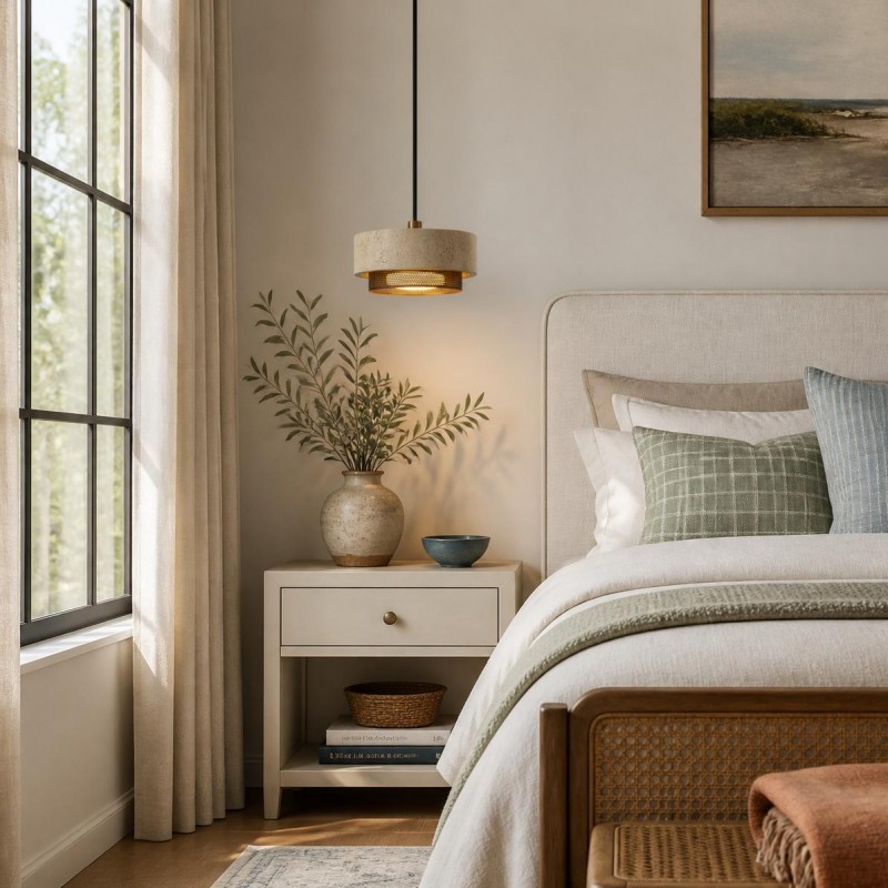 Calista Contemporary Travertine Metal Mesh Drum Pendant Light