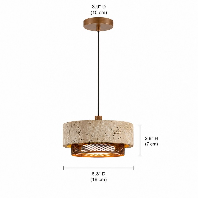 Calista Contemporary Travertine Metal Mesh Drum Pendant Light