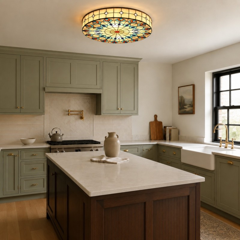 Eiridian Vintage Tiffany Stained Glass Flush Mount Ceiling Light