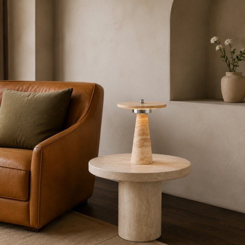 Aelwen Wabi Sabi LED Travertine Disc Table Lamp