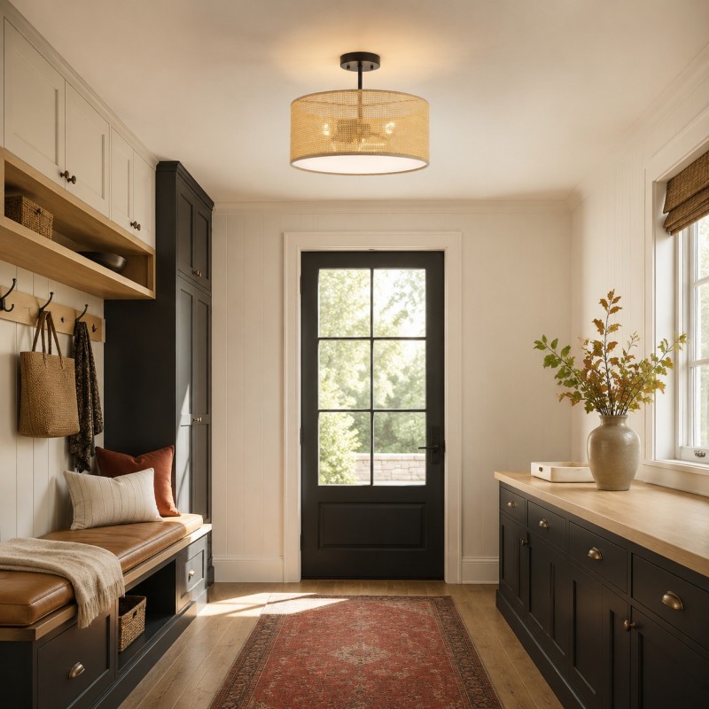 Zaylen Farmhouse Rattan Semi Flush Mount Ceiling Light