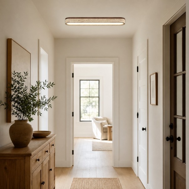 Samue Travertine Wood Linear LED Flush Mount Ceiling Light