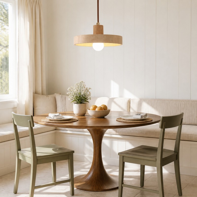 Harlow Wabi-Sabi Travertine & Wood Circular Pendant Light