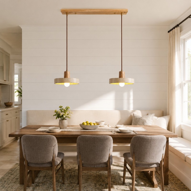 Harlow Wabi-Sabi Travertine & Wood Circular Pendant Light