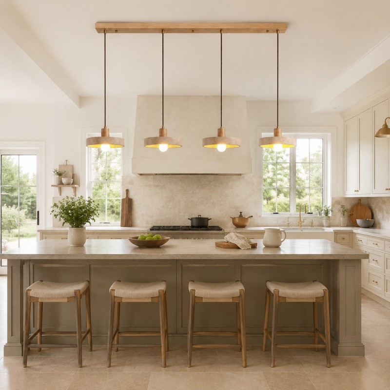 Harlow Wabi-Sabi Travertine & Wood Circular Pendant Light