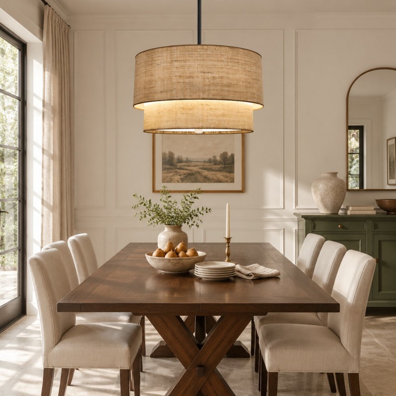 Javier Natural Linen Double Fabric Drum Pendant Light