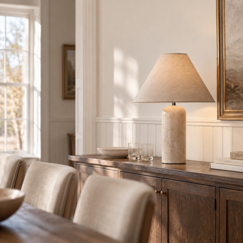 Hamlin Modern Linen & Travertine Cylindrical Table Lamp