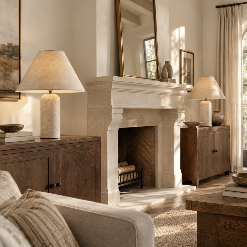 Hamlin Modern Linen & Travertine Cylindrical Table Lamp