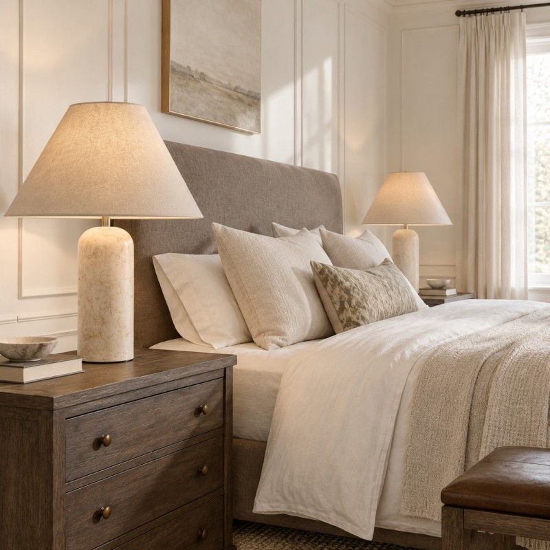 Hamlin Modern Linen & Travertine Cylindrical Table Lamp