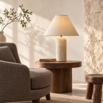 Hamlin Modern Linen & Travertine Cylindrical Table Lamp