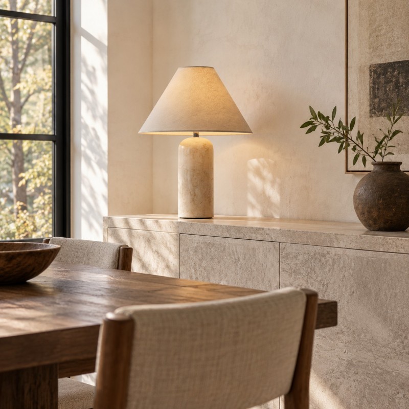 Hamlin Modern Linen & Travertine Cylindrical Table Lamp