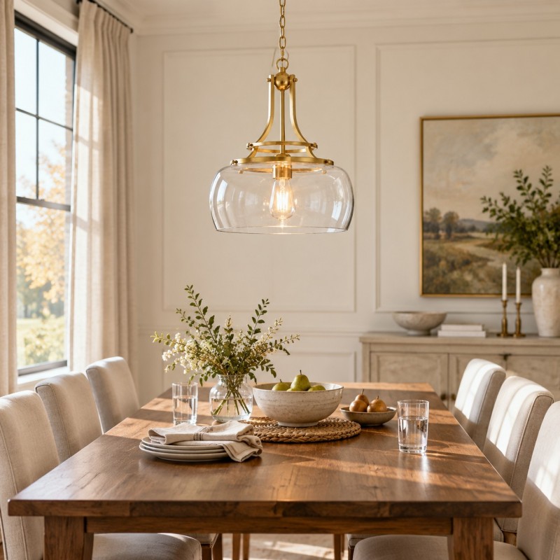 Thalys Brushed Gold Clear Glass Shade Charleston Pendant Light