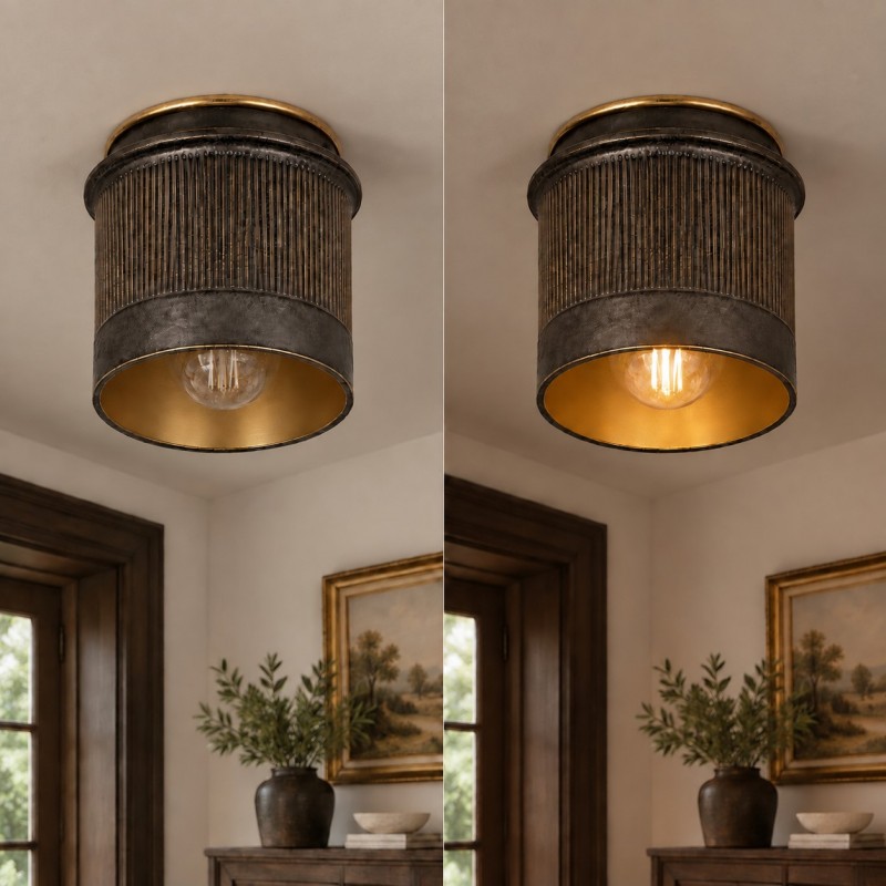 Damon Vintage Cylinder Fluted Metal Flush Mount Ceiling Light
