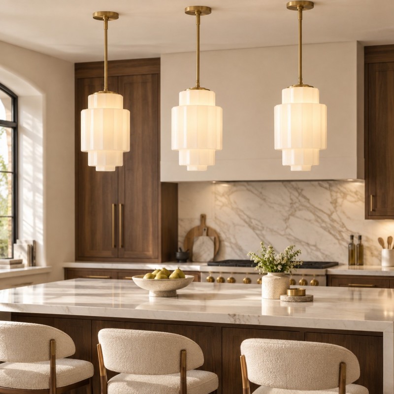 Winry Antique Brass Tiered Milk Glass Pendant Light