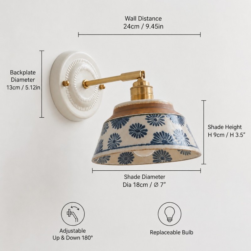Colin Vintage Decorative Pattern Ceramic Brass Wall Sconce